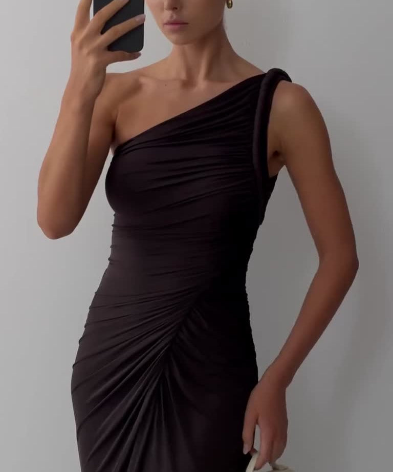 Meshki - Ryn Twisted One Shoulder Maxi Dress - Dark Chocolate (40/L)