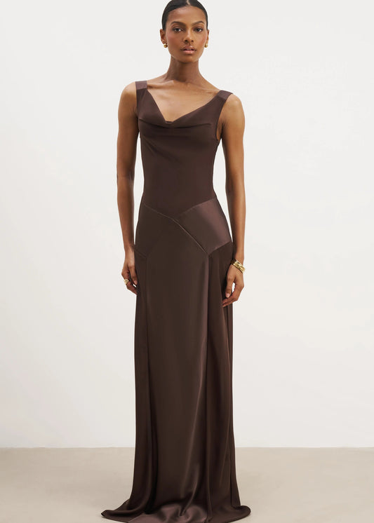 189. BOA - COWL NECK SATIN PANEL GOWN