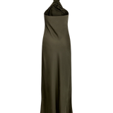 Olivengrøn satin-maxikjole med krydset halterneck