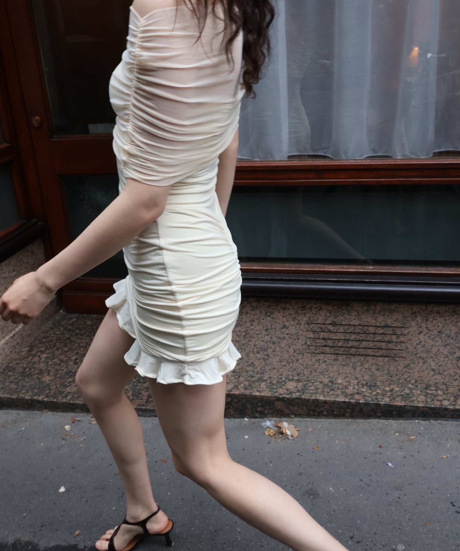 Meshki - Caspian Slinky And Mesh Off Shoulder Mini Dress - Ivory